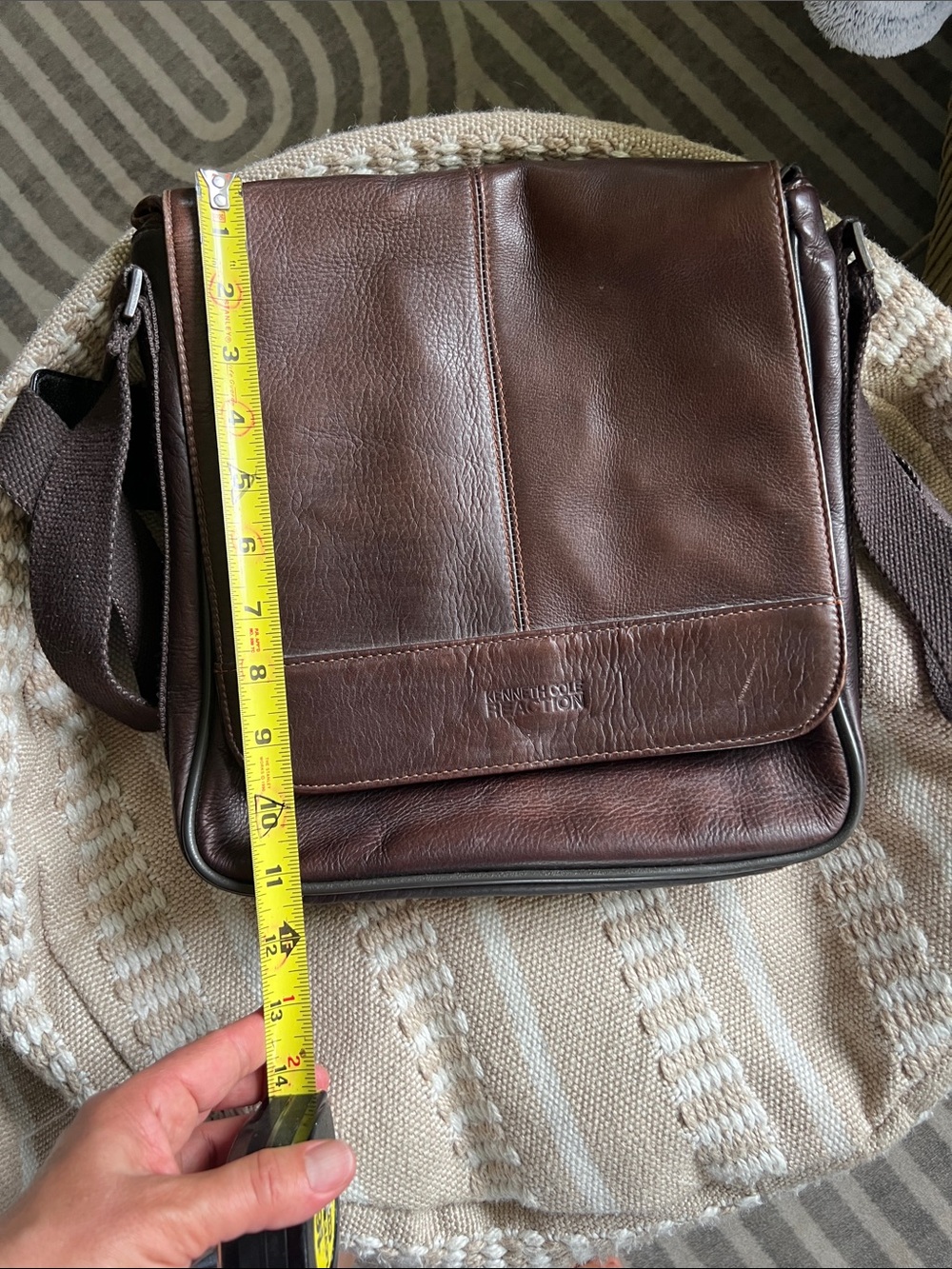 Genuine Leather Messenger Bag Kenneth Cole Reaction Dark Brown Adjustable Strap - Picture 14 of 15